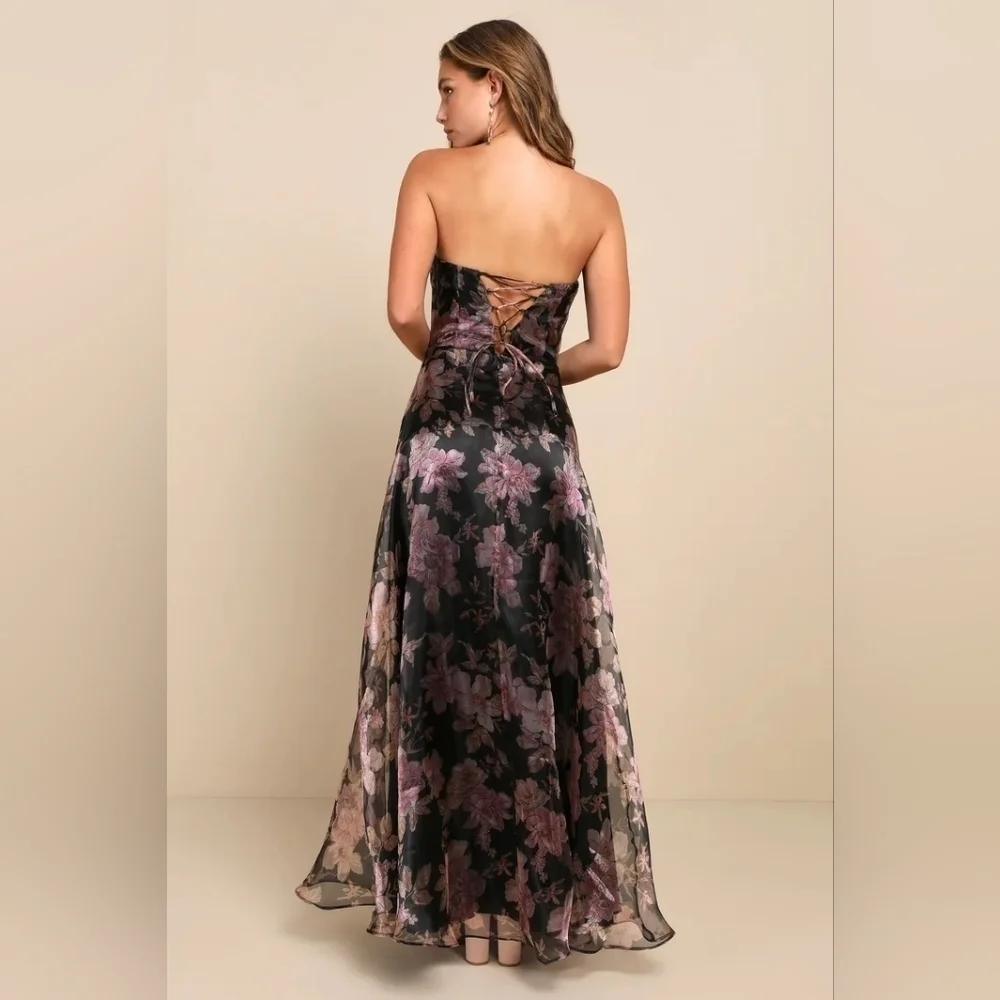 Lulus Exclusive Glamour Black Floral Organza Strapless Maxi Dress S Wedding